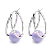 304 Stainless Steel & Plastic Imitation Pearl Oval with Ball Hoop Earrings for Women, with 316 Stainless Steel Pins, Medium Purple, 32x15.5x19.5mm(EJEW-C096-13P-02)