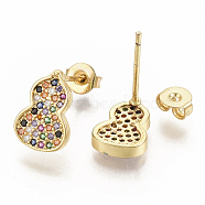 Brass Micro Pave Colorful Cubic Zirconia Stud Earrings, with Earring Backs, Gourd, Real 16K Gold Plated, 11.5x8mm, Pin: 0.7mm(EJEW-S208-038)