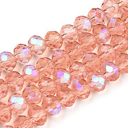 Electroplate Glass Beads Strands, Half Rainbow Plated, Faceted, Rondelle, Salmon, 6x5mm, Hole: 1mm, about 85~88pcs/strand, 16.1~16.5 inch(41~42cm)(EGLA-A034-T6mm-L24)