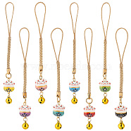 Elite 1 Set Japanese Style Enamel Lucky Cat Brass Bell Decoration Phone Charms Strap, for Cell Phone, Backpack, Wallet, Keychain Pendant Accessories, Mixed Color, 10.6cm, 8pcs/set(KEYC-PH0001-89)