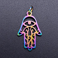 Ion Plating(IP) 201 Stainless Steel Pendants, with Jump Rings, Hamsa Hand/Hand of Fatima/Hand of Miriam with Eye, Rainbow Color, 21.5x13x1mm, Jump Ring: 5x0.8mm, Inner Diameter: 3mm(STAS-S105-JN240)
