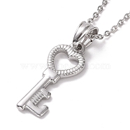 304 Stainless Steel Heart Skeleton Key Pendant Necklace for Women, Stainless Steel Color, 19.69 inch(50cm)(STAS-E154-16P)