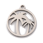 Non-Tarnish 201 Stainless Steel Pendants, Laser Cut, Flat Round with Coconut Tree Charm, Stainless Steel Color, 17x15x1mm, Hole: 1.5mm(STAS-U016-07P)