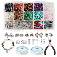 DIY Jewelry Sets, with Shell Beads, Gemstone Chip Beads, Tibetan Style Alloy Pendant, Jump Rings, Pins, Brass Earring Hooks and Carbon Steel Needle Nose Pliers, Elastic Crystal Thread, Mixed Color, 14x10.8x3cm(DIY-CJ0004-02)