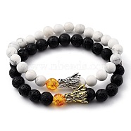 Men's Natural Howlite & Lava Rock Stretch Beaded Bracelets Sets, with Resin Imitation Amber Beads and Dragon Head Alloy Beads, Antique Silver & Antique Golden, Inner Diameter: 2-1/8 inch(5.5cm), 2pcs/set(BJEW-JB05429)