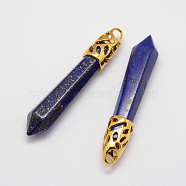Natural Lapis Lazuli Big Pointed Pendants, with Alloy Findings, Bullet, Golden, 57~63x13x10mm, Hole: 3x4mm(G-D860-C03-G)