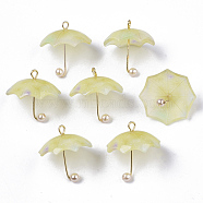 Acrylic Pendants, with Golden Plated Brass Loops and ABS Plastic Imitation Pearl, Umbrella, Pale Goldenrod, 20~21x20x20mm, Hole: 1.6mm(KY-S163-093A-04)