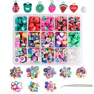 395Pcs 15 Style Fruit & Heart & Flower Handmade Polymer Clay Charms and Resin Teardrop Beads, Mixed Color, 395pcs/box(CLAY-SZ0001-42)