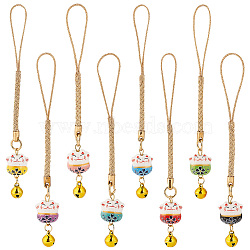 Elite 1 Set Japanese Style Enamel Lucky Cat Brass Bell Decoration Phone Charms Strap, for Cell Phone, Backpack, Wallet, Keychain Pendant Accessories, Mixed Color, 10.6cm, 8pcs/set(KEYC-PH0001-89)