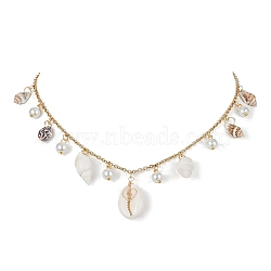 Natural Spiral Shell & Glass Pearl Charms Bib Necklace, Golden, 15.94 inch(40.5cm)(NJEW-JN04591)