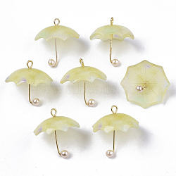 Acrylic Pendants, with Golden Plated Brass Loops and ABS Plastic Imitation Pearl, Umbrella, Pale Goldenrod, 20~21x20x20mm, Hole: 1.6mm(KY-S163-093A-04)