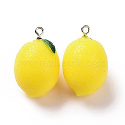 Opaque Resin Fruit Pendants, Lemon Charms, with Platinum Tone Iron Loops, Yellow, 31x19.5x19mm, Hole: 2mm(RESI-H144-04)