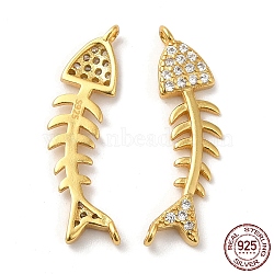 925 Sterling Silver Micro Pave Clear Cubic Zirconia Connector Charms, Fishbone Links, with 925 Stamp, Real 18K Gold Plated, 23x7.5x2.5mm, Hole: 1.2mm(STER-I010-26G)