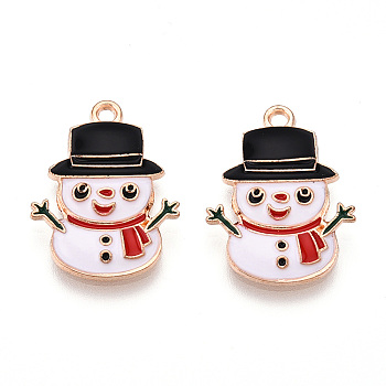 Christmas Theme Alloy Enamel Pendants, Light Gold, Snowman, 22x16x2.5mm, Hole: 1.6mm