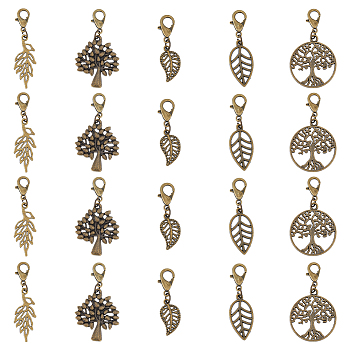 10 Sets Autumn Leaf & Tree Alloy Pendants Decorations Set, with Iron Findings and Alloy Lobster Clasp, for Keychain, Purse, Backpack Ornament, Antique Bronze, 45mm, 5pcs/set