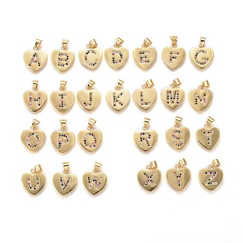 Brass Micro Pave Cubic Zirconia Pendants, Heart with Letter, Colorful, Random Mixed Letters, 17x15x1.5mm, Hole: 3.5x4.5mm