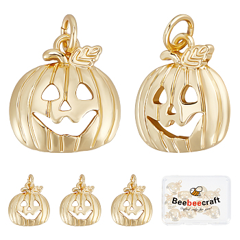 10Pcs Halloween Brass Pendants, with Jump Rings, Cadmium Free & Lead Free, Long-Lasting Plated, Pumpkin Jack-O'-Lantern, Real 18K Gold Plated, 15x14x3mm, Hole: 3mm