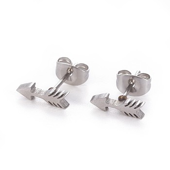 304 Stainless Steel Stud Earrings, Hypoallergenic Earrings, with Ear Nuts/Earring Back, Arrow, Stainless Steel Color, 10x3mm, Pin: 0.8mm