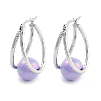 304 Stainless Steel & Plastic Imitation Pearl Oval with Ball Hoop Earrings for Women, with 316 Stainless Steel Pins, Medium Purple, 32x15.5x19.5mm