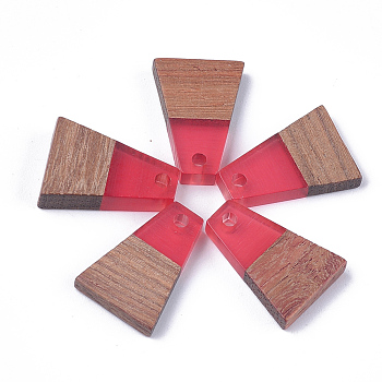 Resin & Wood Pendants, Trapezoid, Cerise, 18x12.5x3~4mm, Hole: 2mm