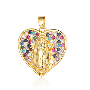 Brass Micro Pave Colorful Cubic Zirconia Pendants, Heart with Virgin Mary Charms, Real 18K Gold Plated, 22x22x2.8mm