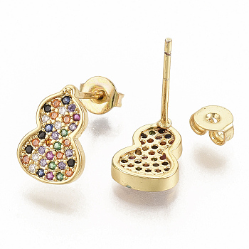 Brass Micro Pave Colorful Cubic Zirconia Stud Earrings, with Earring Backs, Gourd, Real 16K Gold Plated, 11.5x8mm, Pin: 0.7mm