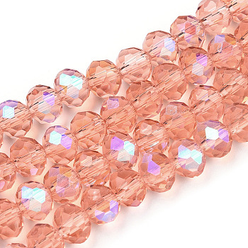 Electroplate Glass Beads Strands, Half Rainbow Plated, Faceted, Rondelle, Salmon, 6x5mm, Hole: 1mm, about 85~88pcs/strand, 16.1~16.5 inch(41~42cm)