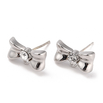 Silver Alloy Rhinestone Stud Earring Findings, with Horizontal Loops & 925 Sterling Silver Pin, Bowknot, 8x14mm, Pin: 11x0.6mm