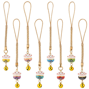 Elite 1 Set Japanese Style Enamel Lucky Cat Brass Bell Decoration Phone Charms Strap, for Cell Phone, Backpack, Wallet, Keychain Pendant Accessories, Mixed Color, 10.6cm, 8pcs/set