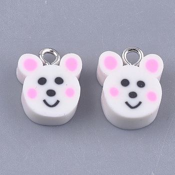 Handmade Polymer Clay Charms, with Iron Findings, Mouse, Platinum, White, 14x11x4.5~5mm, Hole: 1.8mm