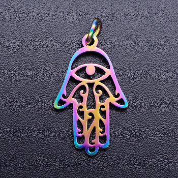 Ion Plating(IP) 201 Stainless Steel Pendants, with Jump Rings, Hamsa Hand/Hand of Fatima/Hand of Miriam with Eye, Rainbow Color, 21.5x13x1mm, Jump Ring: 5x0.8mm, Inner Diameter: 3mm