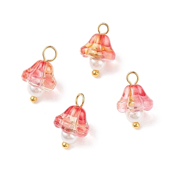 Electroplate Glass Charms, with Golden Plated Brass Findings and Glass Pearl Round Beads, Trumpet Flower, Tomato, 14x9x9mm, Hole: 2.5mm