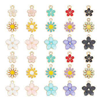 90Pcs 15 Style Alloy Enamel Charms, Cadmium Free & Nickel Free & Lead Free, Golden, Flower Charm, Mixed Color, 12~16x9~14x1.5~2.4mm, Hole: 1.4~1.6mm, 6pcs/style