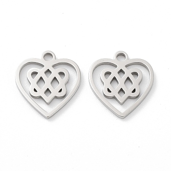 316 Surgical Stainless Steel Charms, Manual Polishing, Laser Cut, Heart with Knot Charm, Stainless Steel Color, 13.5x12.5x1mm, Hole: 1.6mm