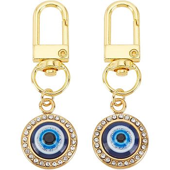2Pcs 304 Stainless Steel Rhinestone & Resin Pendants Keychain, with Alloy Swivel Lobster Claw Clasps, Flat Round with Evil Eye, Golden, 5.9cm