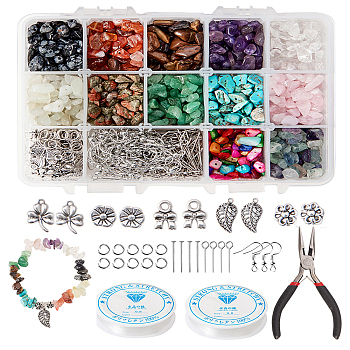 DIY Jewelry Sets, with Shell Beads, Gemstone Chip Beads, Tibetan Style Alloy Pendant, Jump Rings, Pins, Brass Earring Hooks and Carbon Steel Needle Nose Pliers, Elastic Crystal Thread, Mixed Color, 14x10.8x3cm