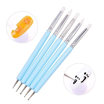 Double Different Head Nail Art Dotting & Sculpture Tools, UV Gel Nail Brush Pens, Wood Handle, Silicone & Stainless Steel Pen Point, Light Sky Blue, 150x7.5mm, 5pcs/set