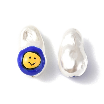Shell Enamel Beads, Oval with Smiling Face, Blue, 21~21.5x12.5~13x12mm, Hole: 1~1.2mm