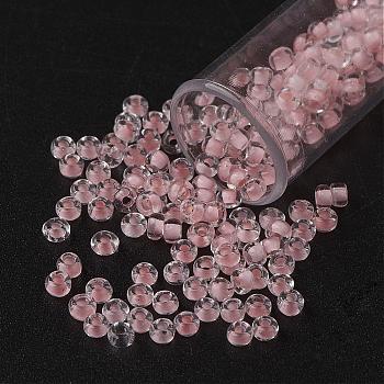 11/0 Grade A Round Glass Seed Beads, Transparent Inside Colours, Misty Rose, 2.3x1.5mm, Hole: 1mm, about 48500pcs/pound