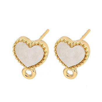 Flat Round/Heart Alloy Stud Earrings Finding, with Acrylic Finding, Heart, 10x8.5mm, Hole: 1.5mm, Pin: 12x0.7mm