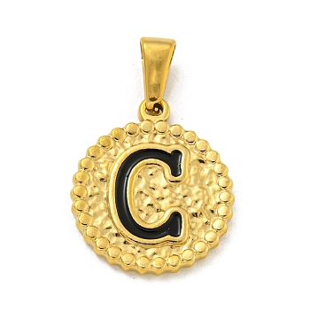 Ion Plating(IP) 304 Stainless Steel Enamel Pendants, Golden, Flat Round with Letter Charm, Letter C, 21x18x2mm, Hole: 8x3.5mm