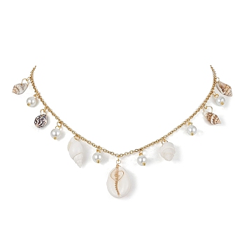 Natural Spiral Shell & Glass Pearl Charms Bib Necklace, Golden, 15.94 inch(40.5cm)