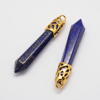 Natural Lapis Lazuli Big Pointed Pendants, with Alloy Findings, Bullet, Golden, 57~63x13x10mm, Hole: 3x4mm