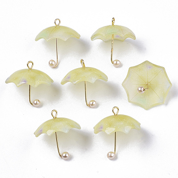 Acrylic Pendants, with Golden Plated Brass Loops and ABS Plastic Imitation Pearl, Umbrella, Pale Goldenrod, 20~21x20x20mm, Hole: 1.6mm