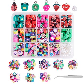 395Pcs 15 Style Fruit & Heart & Flower Handmade Polymer Clay Charms and Resin Teardrop Beads, Mixed Color, 395pcs/box