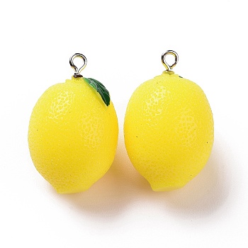 Opaque Resin Fruit Pendants, Lemon Charms, with Platinum Tone Iron Loops, Yellow, 31x19.5x19mm, Hole: 2mm