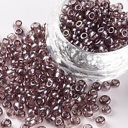 Glass Seed Beads, Trans. Colours Lustered, Round, Rosy Brown, 4mm, Hole: 1.5mm, about 4500pcs/pound(SEED-A006-4mm-116)