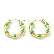 Ion Plating(IP) 304 Stainless Steel Hexagon Hoop Earrings with Enamel for Women, Golden, Lime Green, 20x19x3mm, Pin: 0.8mm(EJEW-G293-17A-G)