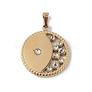 Ion Plating(IP) 304 Stainless Steel with Crystal Rhinestone Pendants, Flat Round with Moon Charms, Golden, 19.5x17.5x1.9mm, Hole: 2x4mm(STAS-G307-09G)
