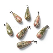 Natural Unakite Pendants, with Platinum Brass Findings, Teardrop, 26.5~29x10mm, Hole: 2.5~3.5x4~6mm(G-F707-02)